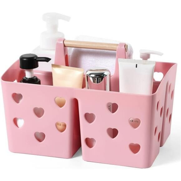 Pink Plastic Shower Caddy Tote Organizer with Handle Dorm Bathroom Storage Bin - Picture 1 of 7